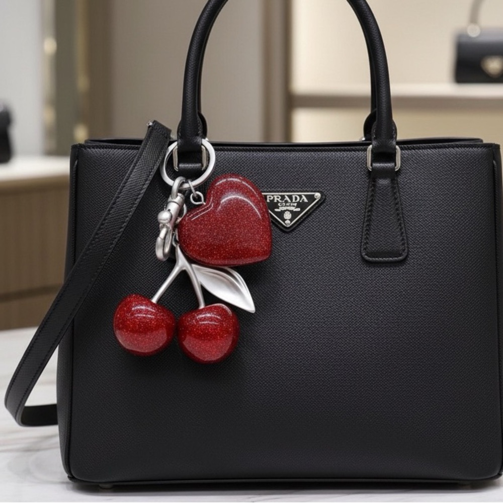 Red Glitter Cherry and Heart Keychain